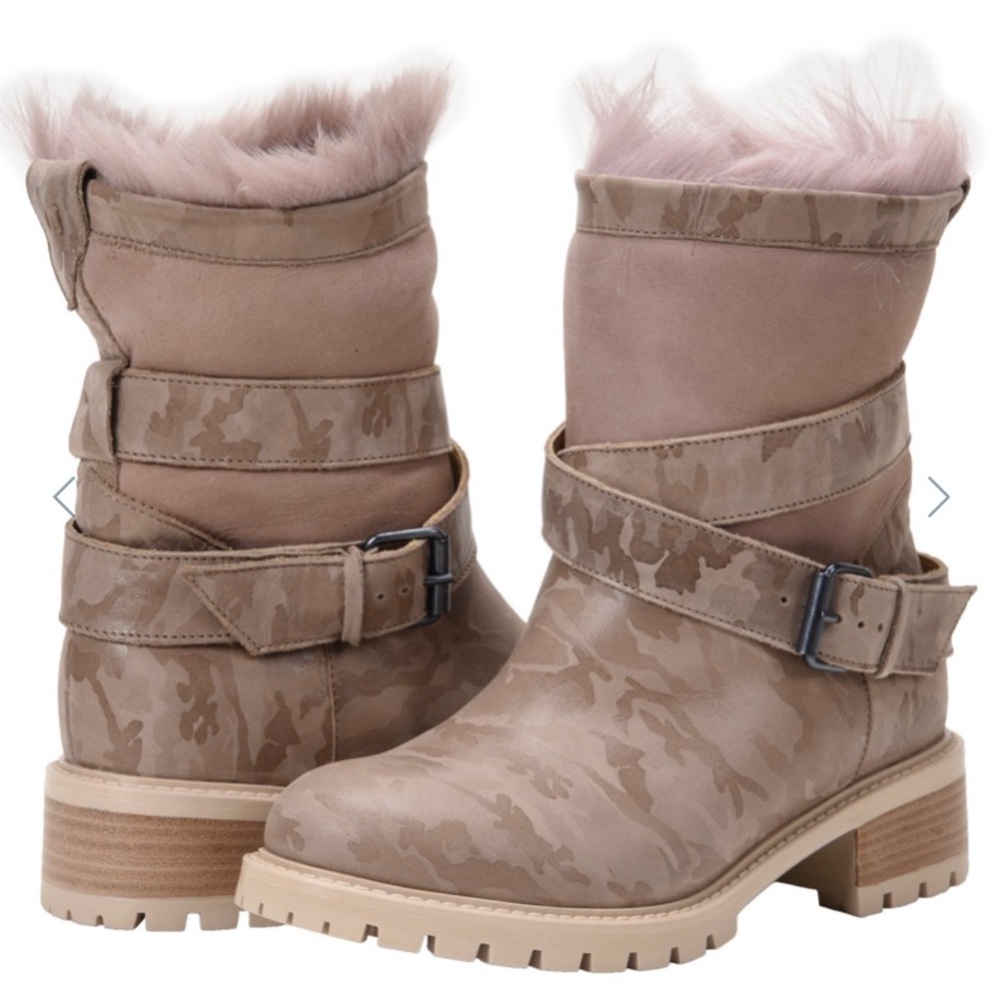 Faux Fur-Trim Combat Boots in Taupe